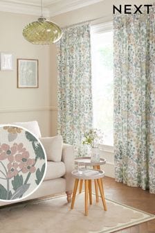 Blue/Green Nordic Floral Print Pencil Pleat Lined Curtains (C58996) | €37 - €117