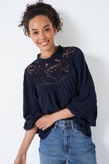 Crew Clothing Navy Blue Embroidered Cotton Casual Blouse (C59138) | €34