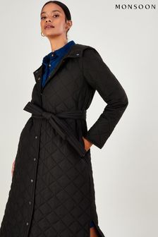 Monsoon Black Quilted Hooded Longline Quinn Coat In Recycled Polyester (C59176) | kr2 010