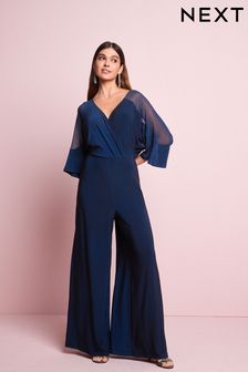 Navy Blue Woven Mix Short Sleeve Jumpsuit (C59236) | $72