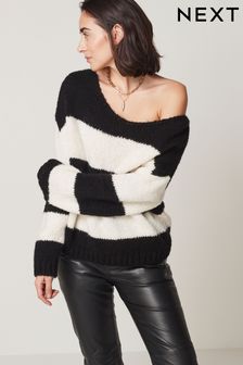 Black/White Off The Shoulder Relaxed Jumper (C59425) | AED64