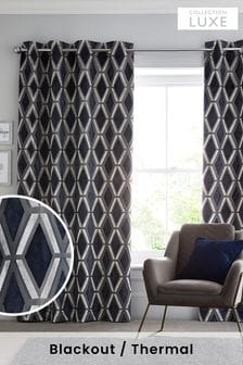 Navy Blue Collection Luxe Heavyweight Geometric Cut Velvet Blackout/Thermal Eyelet Curtains (C59731) | €170 - €323