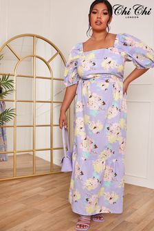Chi Chi London Blue Curve Floral Printed Tie Back Maxi Dress (C60098) | AED311