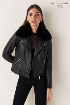 Urban Code Black Leather Biker With Removable Faux Fur Collar Jacket (C60296) | €99