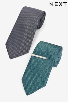 Forest Green/Charcoal Textured Tie With Tie Clip 2 Pack (C60363) | 110 zł