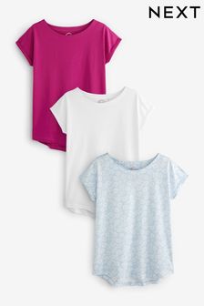 Floral Print/White/Fuchsia Pink Cap Sleeve T-Shirts 3 Pack (C60862) | 631 UAH