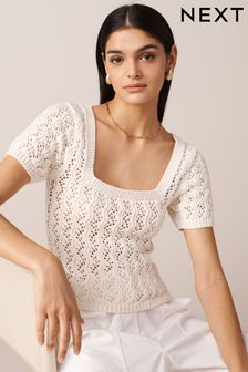 Ecru Cream Square Neck Stitch Detail Short Sleeve Knitted Top (C61126) | AED116