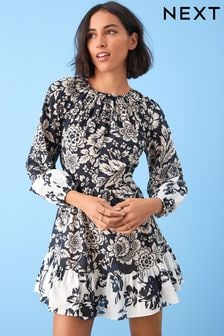 Black/White Floral Long Sleeve 100% Cotton Summer Mini Dress (C61190) | €20