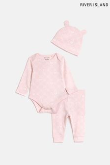 River Island Baby Girls Pink Mono Body Leg Hat Set (C61569) | $25