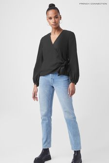 French Connection Black Crepe Light Long Sleeve Wrap Top (C61593) | €32