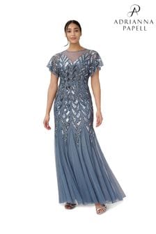 Adrianna Papell Blue Beaded Illusion Long Gown (C61794) | €406