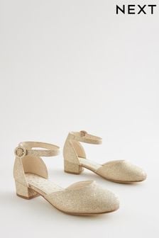 Zlate bleščice - Priložnostni čevlji z nizko peto in paščkom okoli gležnja (C61997) | €24 - €31