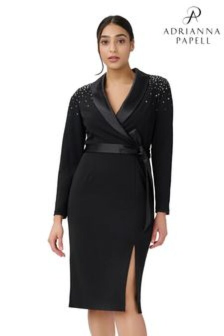 Adrianna Papell Embellished Tuxedo Black Midi Dress (C62032) | $410