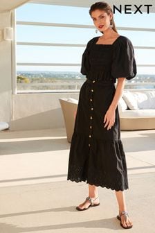 Black Button Through 100% Cotton Midi Skirt (C62300) | kr428