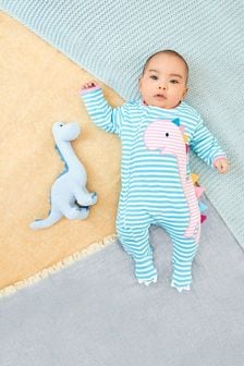 JoJo Maman Bébé Blue/Pink Dino Appliqué Zip Cotton Baby Sleepsuit (C62520) | €34
