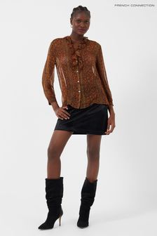 French Connection Brown Erina Crinkle Ruffle Front Button Down Blouse (C62531) | €31
