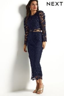 Navy Blue Lace Co-Ord Midi Skirt (C62922) | $117