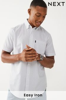 White Print Regular Fit Short Sleeve Easy Iron Button Down Oxford Shirt (C63080) | €15