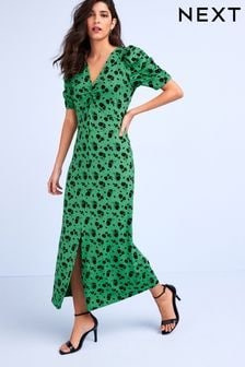 Green Floral Short Sleeve Ruched V-Neck Midi Dress (C63324) | CHF 35