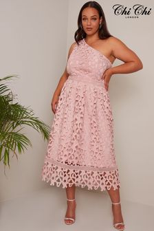 Chi Chi London Pink Curve One Shoulder Premium Lace Midi Dress (C63654) | SGD 174