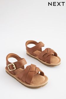 Tan Brown Wide Fit (G) Leather Woven Ankle Strap Sandals (C63786) | €18 - €19