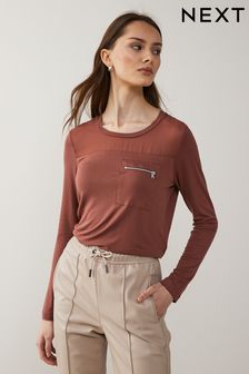 Brown Long Sleeve Zip Pocket T-Shirt (C63832) | 74 zł
