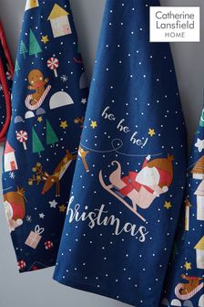 Catherine Lansfield Set of 4 Blue Santa's Christmas Wonderland Cotton Tea Towels (C64084) | $15