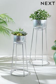 Set of 2 Silver Hammered Metal Plant Pots On Stands (C64329) | $135
