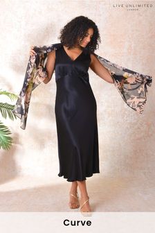 Live Unlimited Black Curve Satin Bias Cut Dress With Printed Scarf (C64364) | $213