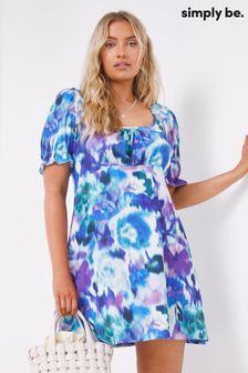 Simply Be Blue Floral Square Neck Puff Sleeve Waffle Skater Dress (C64459) | 35 €