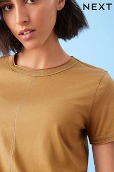 Tan Brown Sparkle Stitch Raw Edge Crew Neck Short Sleeve T-Shirt (C64655) | €6