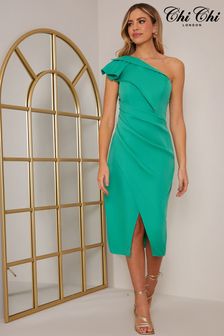 Chi Chi London Green One Shoulder Wrap Detail Midi Dress (C64710) | AED433
