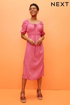 Bright Pink Puff Sleeve Linen Blend Dress (C64896) | 28 €