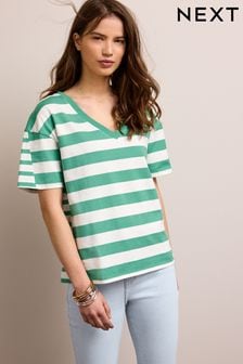 Bright Green Short Sleeve V-Neck Stripe T-Shirt (C65218) | €13