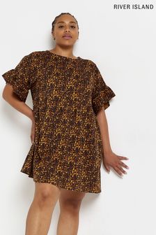 River Island Plus Gesmoktes T-Shirt-Kleid mit Rüschen, Braun (C65321) | 15 €