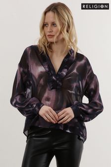 Religion Purple Sheer Ruffle Shirt In Beautiful Prints (C65447) | 100 €