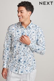 Blau/Weiß mit Blumendruck - Regular Fit, einfache Manschetten - Bedrucktes Hemd mit Besatz (C65500) | 46 €
