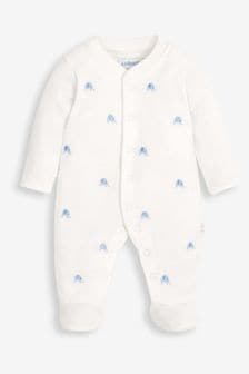 JoJo Maman Bébé Blue Elephant Embroidered Cotton Baby Sleepsuit (C65986) | $33