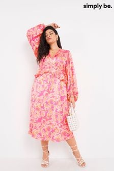 Simply Be Maxikleid mit Rüschen und Retro-Print, Pink (C66069) | 20 €