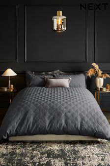 Charcoal Grey Embossed Geometric Duvet Cover And Pillowcase Set