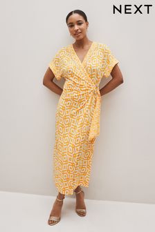 橙色幾何圖案 - V領裹身短袖飾邊中長連身裙 (C66162) | HK$291