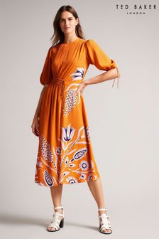 Oranžna potiskana srednje dolga obleka z asimetričnim zavezovanjem Ted Baker Jeinay (C66348) | €135