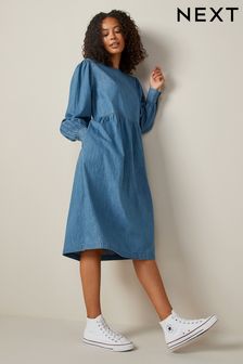 Blue Long Sleeve Smock Denim Midi Dress (C66389) | 48 €
