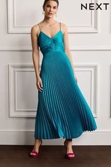 Blue Satin Backless Pleated Midi Dress (C66482) | $115