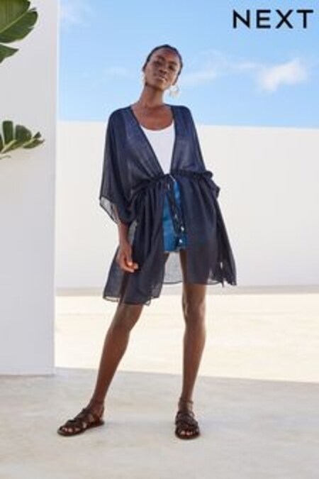 Navy Blue Longline Tie Waist Kimono (C66814) | OMR13