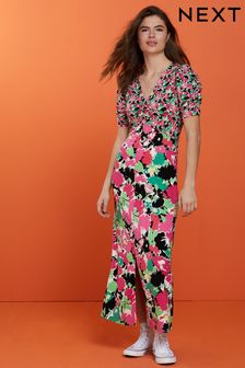 Rosa mit floralem Muster - Short Sleeve Ruched V-neck Midi Dress (C66858) | 41 €