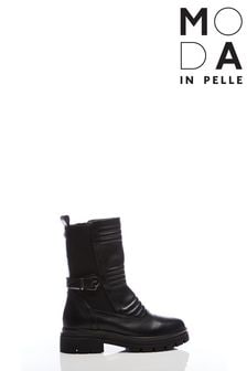 Moda In Pelle Raelyn Chunky Sole Calf Length Ribbed Black Boots With Side Buckle (C67231) | €91