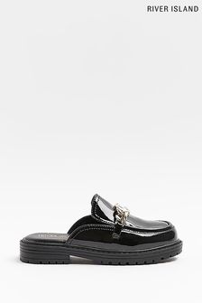 River Island Girls Patent Backless Chunky Black Shoes (C67326) | 18 €