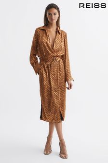 Reiss Bronze Emily Devoure Print Belted Midi Dress (C67343) | $555