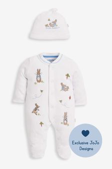 JoJo Maman Bébé Peter Rabbit Cotton Embroidered Baby Sleepsuit & Hat Set
